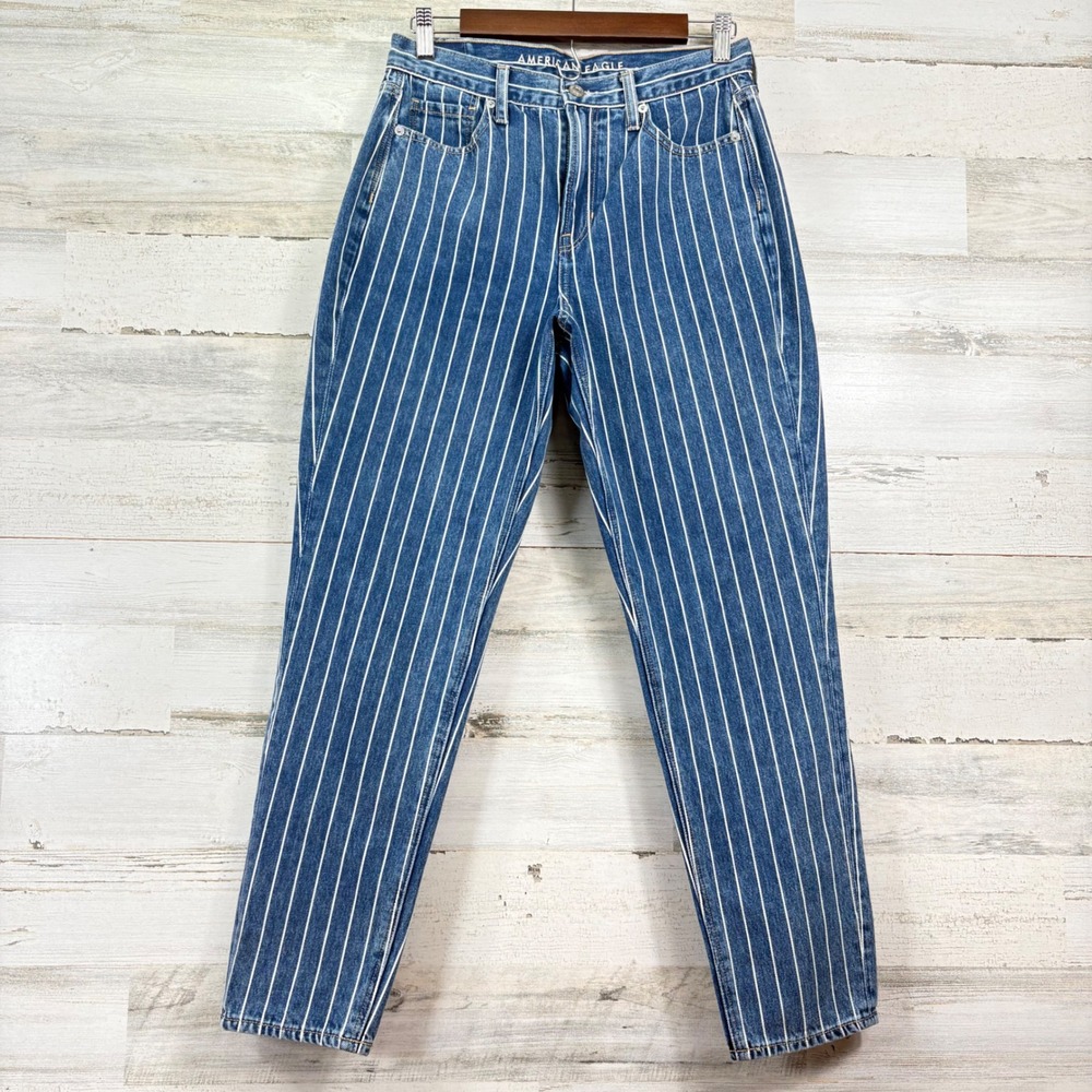 American Eagle Mom Jean Womens 4 Blue Striped High Rise Rigid Denim Indie Grunge